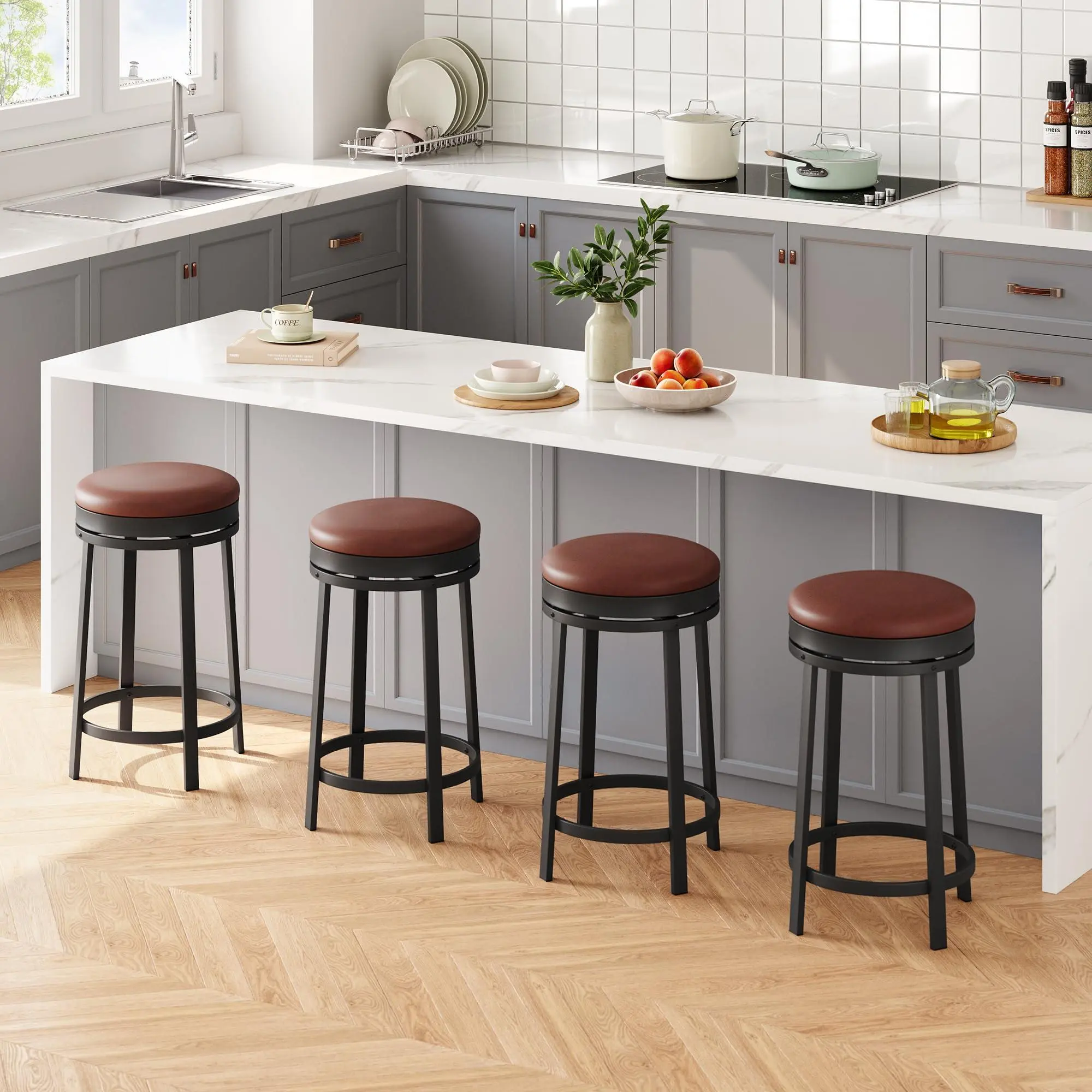 GARVEE Modern 4PC Swivel Bar Stools - 24.4'' Counter Height, Backless Round Swivel Seat, Waterproof PU Leather, Armless, Metal Frame, Footrest, for Kitchen Island/Home Bar, Brown