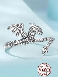 925 Sterling Silver Cute Dragon Design Cuff Ring, Adjustable Open Ring, Fashion Jewelry Accessories for Women & Girls, Trendy All-match & Exquisite Jewelry for Birthday Gift