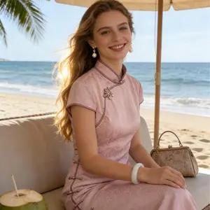 Blush Pink Leaf Jacquard Qipao | Modern Short Sleeve Cheongsam Dress