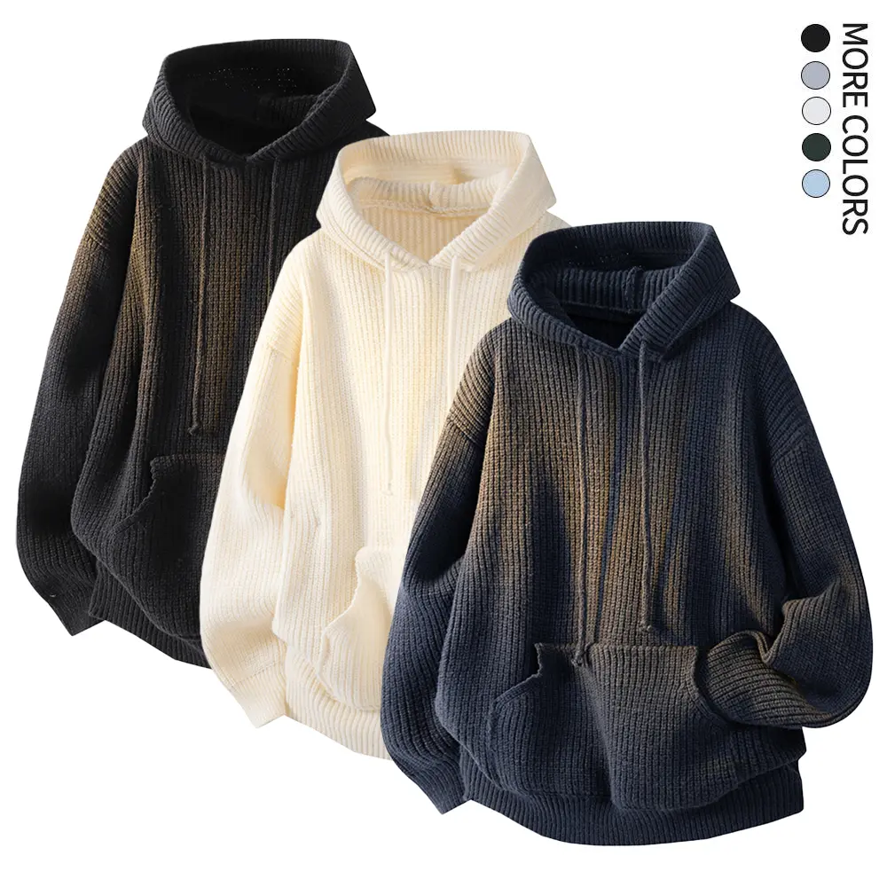 Men’s autumn/winter hooded knit sweater with cable-knit texture, drawstring kangaroo pocket pullover, relaxed drop-shoulder fit, retro street-style trendy long-sleeve men’s knit top