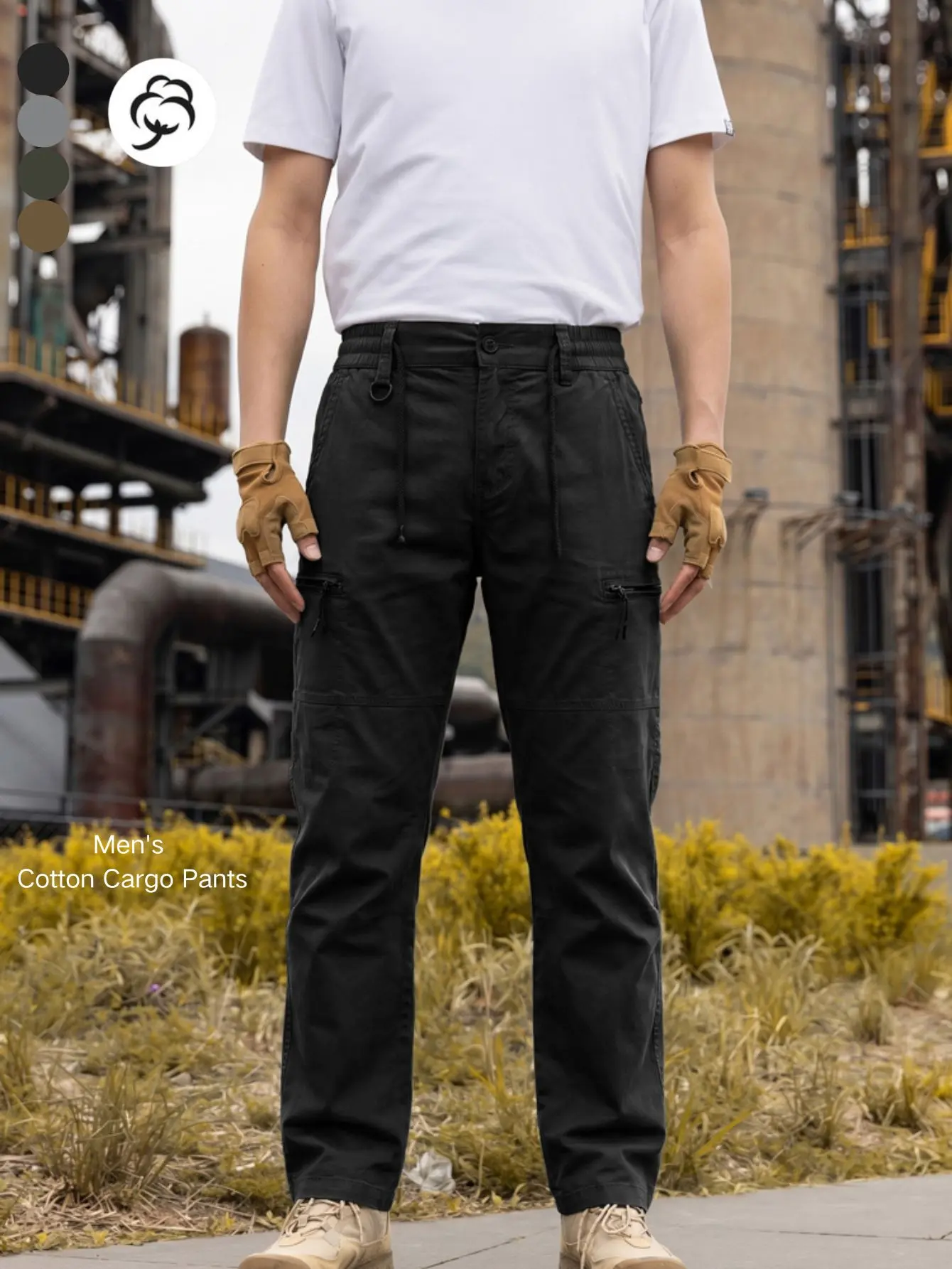 Men’s 100% Cotton Cargo Pants - Drawstring Waist, 4-Color Option, Zippered Large Pockets, Loose Straight-Leg Outdoor Long Pants
