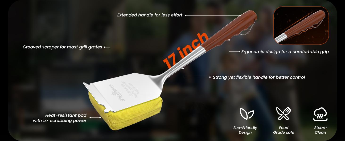 Grill Brush Bristle Free w/Replaceable Yellow Head, Enamel Safe, 17" Long Handle Grill Cleaner for Outdoor BBQ & Griddle, MAX Stainless Steel Scraper, Corner Reach for Cast Iron Steel
