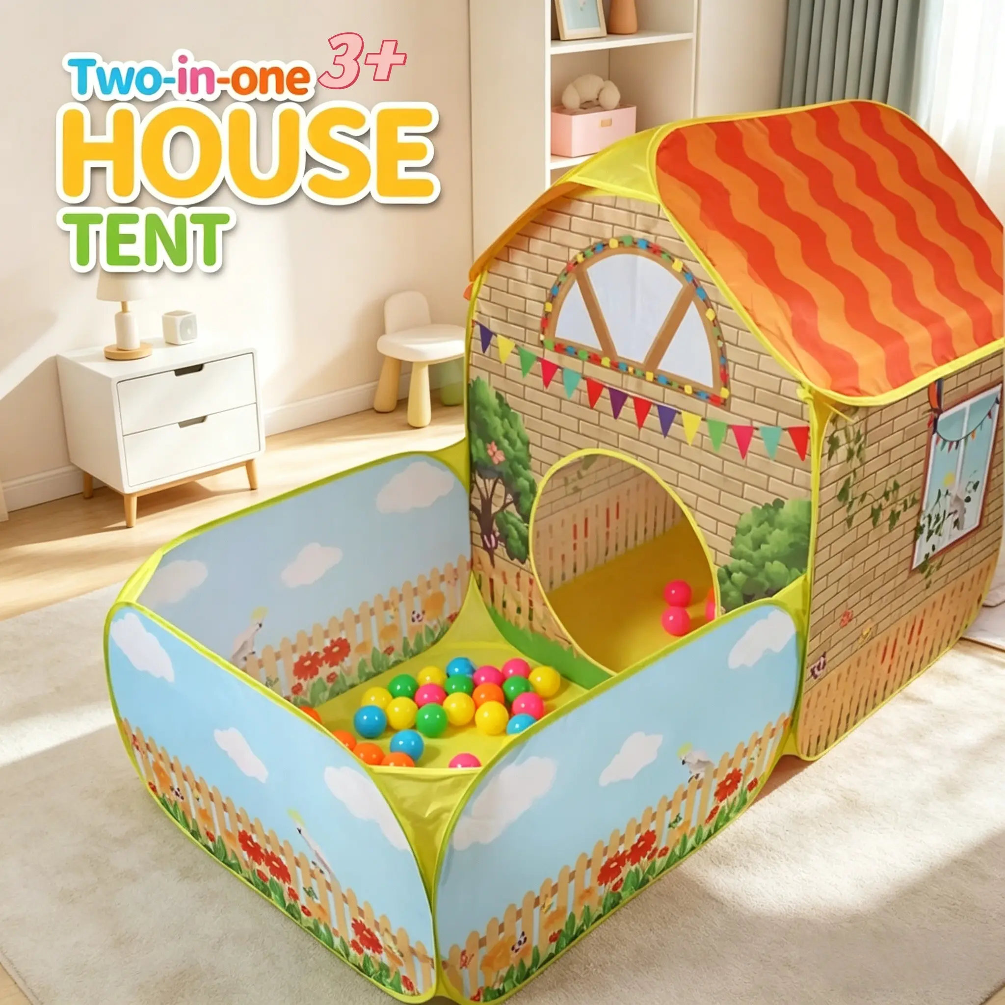 Kids' Garden Farm Villa Tent with Ball Pit | Large Portable Foldable Yellow Playhouse | Pop-Up Castle Tent | Toddler Play Tent | Outdoor Party & Beach Toy | Holiday Gift (Birthday/Christmas/Thanksgiving/Halloween) | No Accessories, Lights or Balls