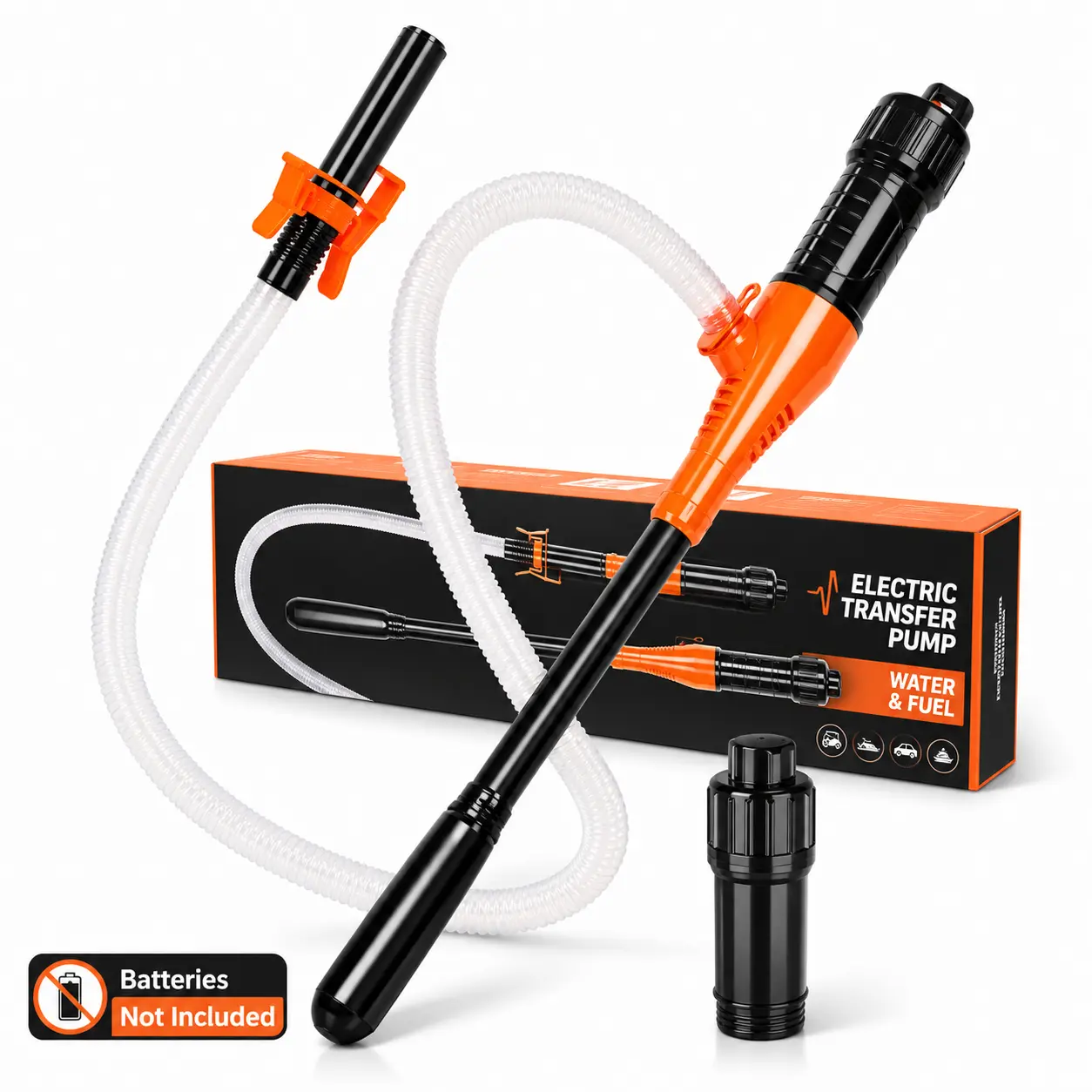 Battery Powered Liquid Transfer Pump, 2.6 GPM Electric Fuel Siphon Pump with Flexible Hose & Adjustable Clip, Portable Water Gasoline Diesel Kerosene Transfer Pump, Batteries Not Included