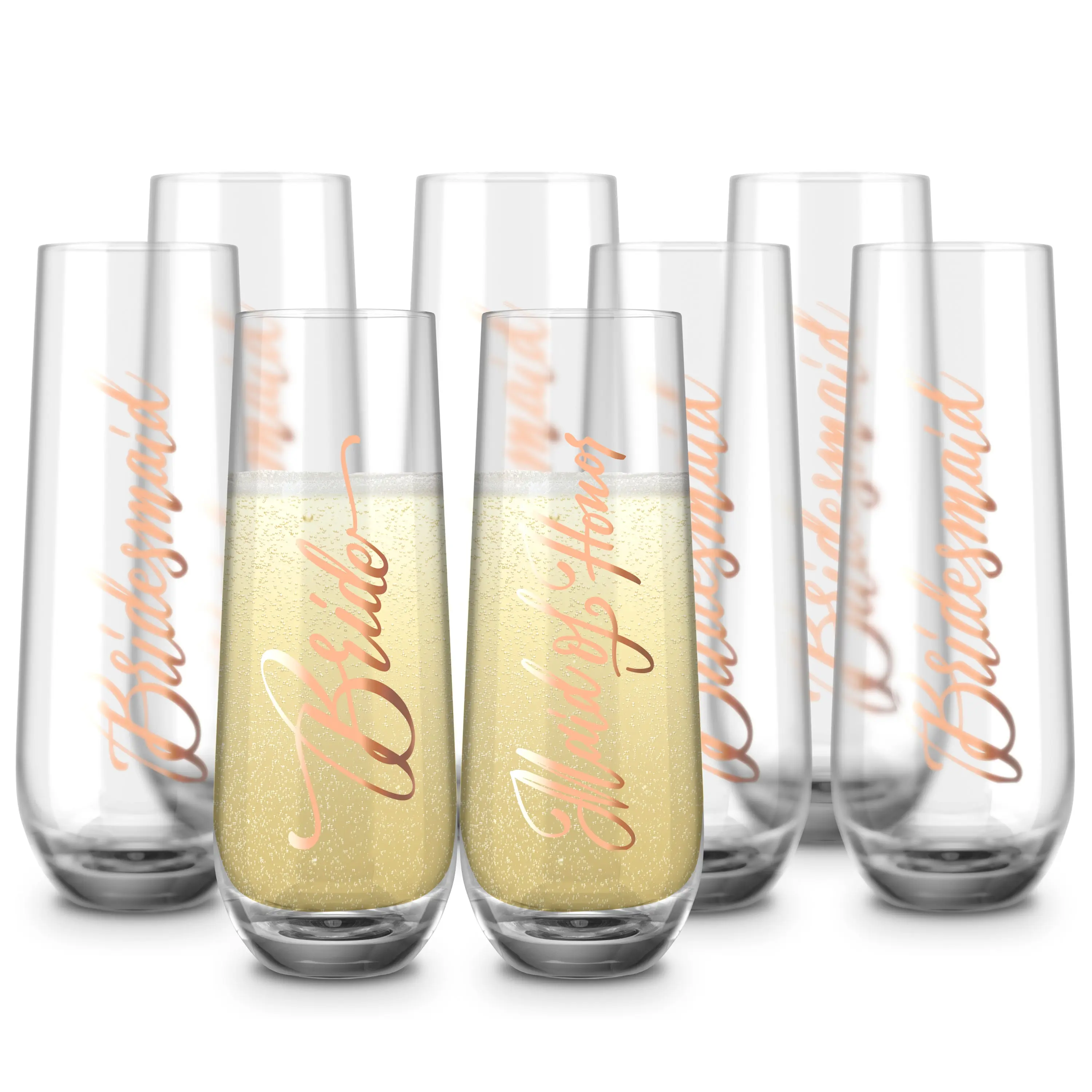 KOOK Stemless Wine Glass Set of 8 - 10.5 oz Custom Engraved Bridal Drinking Glasses for Bride & Bridesmaids, Elegant Wedding Toast Drinkware, Drinking Glasses Set