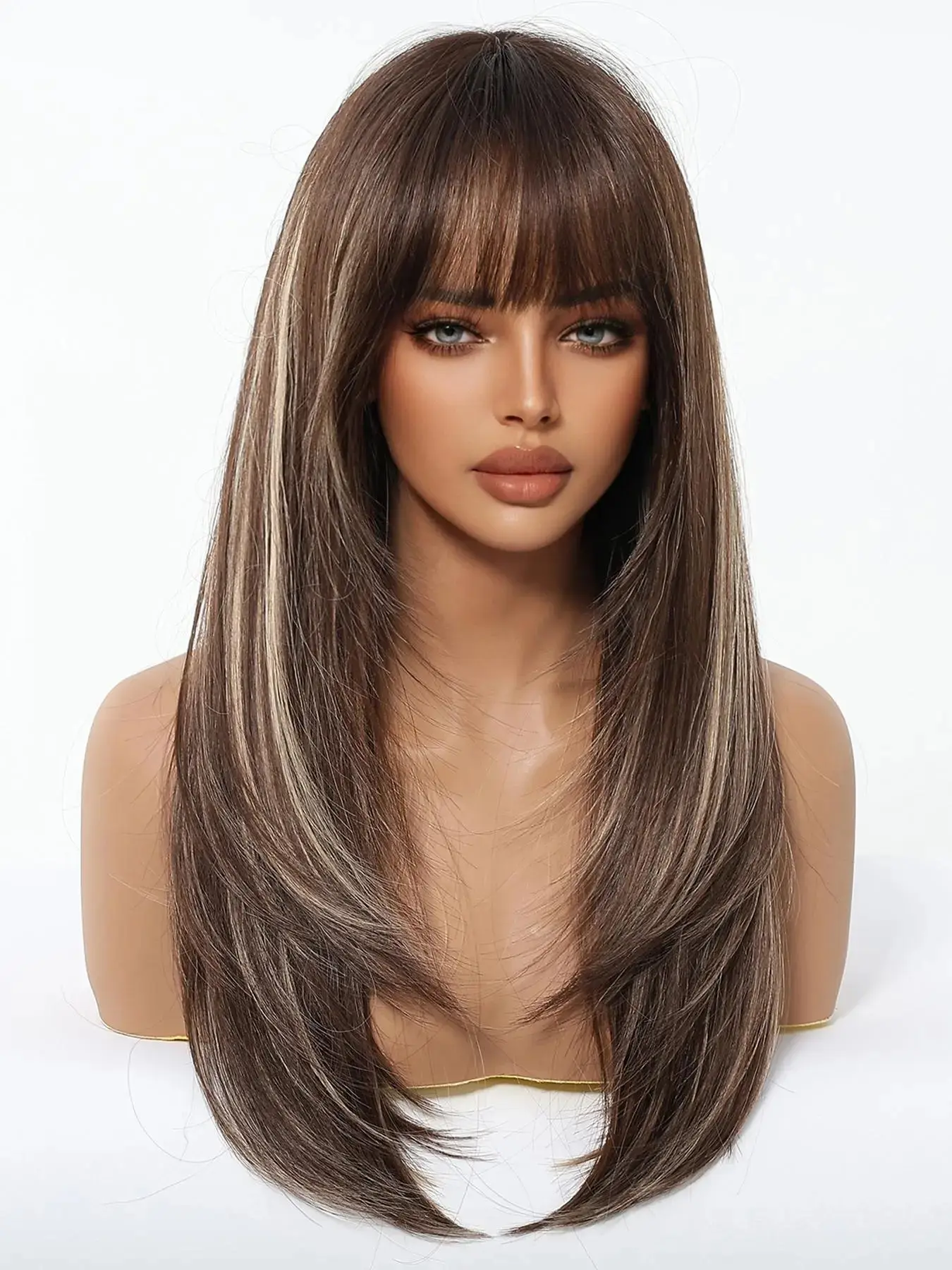 22 Inch Long Straight Ombre Soft Synthetic Hair Wigs for Women, Gorgeous Fluffy Blunt Cut Wig with Blunt Bangs, Synthetic Full Machine Wigs for Party, Daily Use, Synthetic Hair, Synthetic Natural Looking