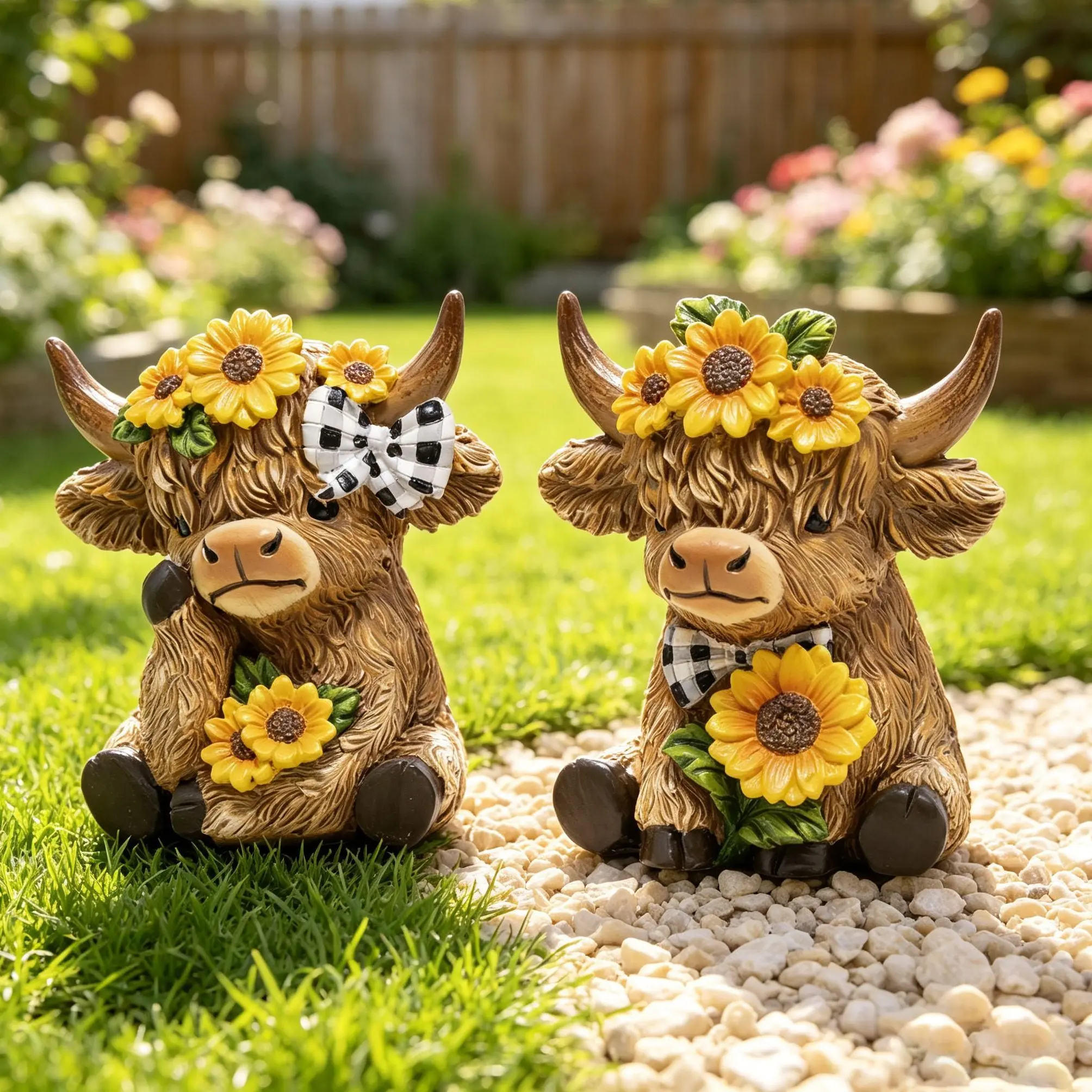 Sangeren 2Pcs Bright Sunflower Highland Cow Resin Figure Set, Water Resistant French Country Farmhouse Decor, Tiered Tray Ornament, Indoor Patio Tabletop Statue, Ideal Gift for Highland Cow Lovers & Farmhouse Decor Fans