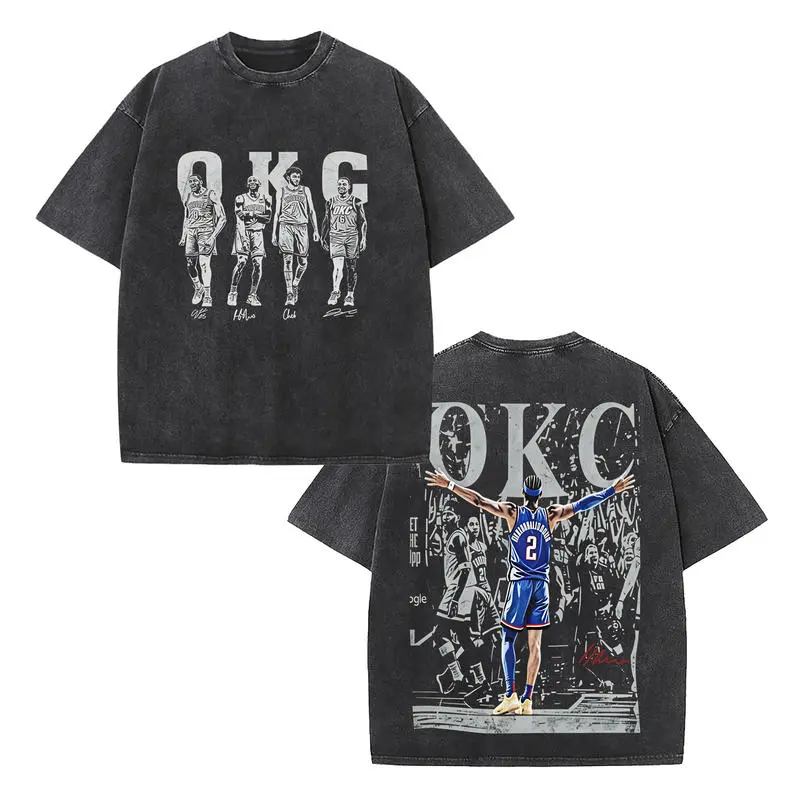 Retro OKC Hoops Team Legends Edition Basketball Graphic Double-Sided Vintage Washed T-Shirt, Unisex Oversized Heavyweight Cotton Streetwear Top, Ideal Gift for OKC Fans & Hoops Lovers