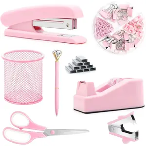 Pink Office Supplies, Pink Desk Accessories, Stapler, Staple Remover, Tape Holder, Pen Holder, Ballpoint Pen, Scissor, Binder Clips, Paper Clips and 1000 count Staples.