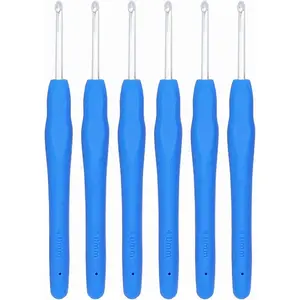 6Pcs 4mm Aluminum Soft Grip Rubber Ergonomic Handle Crochet Hook Knitting Needles US Size G (Size 6) for DIY Yarn Craft,Nice Gift for Women Adults Kids Children Beginners (Blue)
