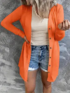 Plus Size Solid Button Front V Neck Cardigan, Elegant Long Sleeve Cardigan for Fall & Winter, Women's Knitwear Clothing for Daily Wear