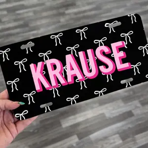 Black Custom Name Cute Coquette License Plate, Pink Aesthetic Bow Vanity Plate, Girly Car Decor, Personalized Name Car Tag, Black Plate Gift