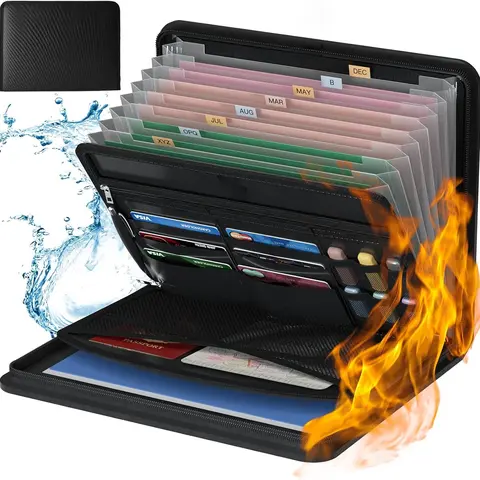 Fireproof 5200°F Accordion File Organizer, 13-Pocket 8-Layer 13.97"x10.43"x1.96" Home Storage Bag with Waterproof Zipper, Color Label Quick ID, Mesh Bags for Passports & USBs, Black Ample Storage Files Organizer for Important Documents