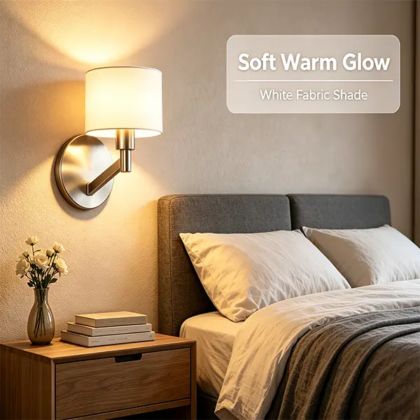Nebula Wall Lamp, Brushed Nickel Base Wall Sconce with Rotary Switch & White Fabric Shade, Modern Indoor Wall Mount Light for Bedroom Hallway Living Room Decor