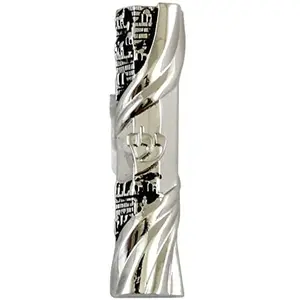 2.5" Nickel Finish Metal Car Mezuzah - Jerusalem Theme with Jewish Hoshen Traveler's Prayer Scroll from Israel, 6x1x1cm Religious Home Decor Ornament, Room Decor Gift with Double-Sided Tape