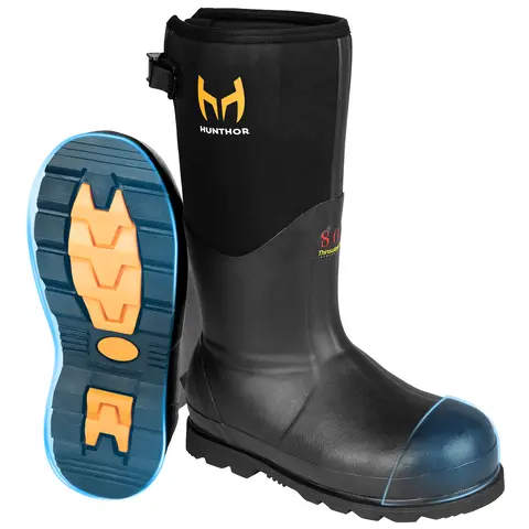 Hunthor Men's Closed Rubber Work Safety Footwear - 7mm Neoprene, 800g Insulation, 1100N Puncture-Proof Layer, 23kg Impact Resistance, Steel-Toe Defense, Steel Shank, Waterproof, Size 6-14 for Outdoor Jobs