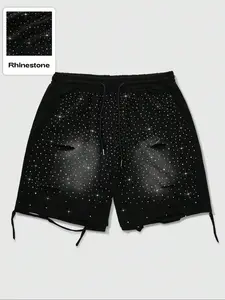 Men's Star Print Rhinestone Decor Shorts, Regular Fit Casual Comfy Breathable Shorts for Daily Outdoor Wear, Men Bottoms for Spring Summer, Athleisure Street Shorts