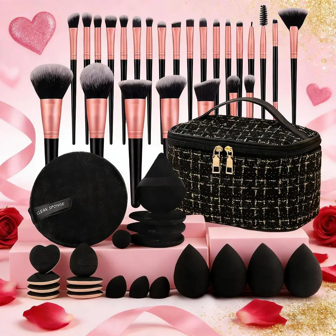 Women's Compact 47Pcs Portable Makeup Brush Set - Includes Daily Powder Sponge Puff, Storage Bag, Face & Eye Cosmetic Brushes, Travel Beauty Gift Tool Kit