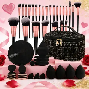 Women's Portable Makeup Brush Set (47Pcs) - Includes Sponge Puff, Storage Bag, Face & Eye Cosmetic Brushes, Travel Beauty Gift Tool Kit