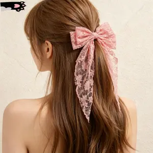 Women’s Floral Lace Hair Clip, Double Layer Bow Barrette With Long Ribbon For Sweet Elegant Daily Spring Styling