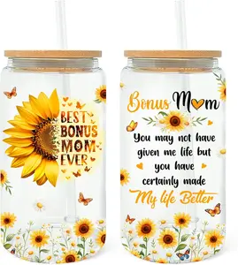 Gifts For Bonus Mom From Son, Daughter - Best Bonus Mom, Step Mom Ever - Birthday, Christmas, Mothers Day Gifts for Stepmom - Bonus Mom Sunflower Cup - 16oz Glass Cup with Straw - Step Mom Gifts Bottles Drinkware