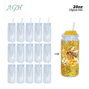AGH 15pcs/carton 20OZ Snow globe acrylic tumbler double wall plastic cups with lids and straws  for DIY Drinkware Washable Reusable Portable Mug Bottled