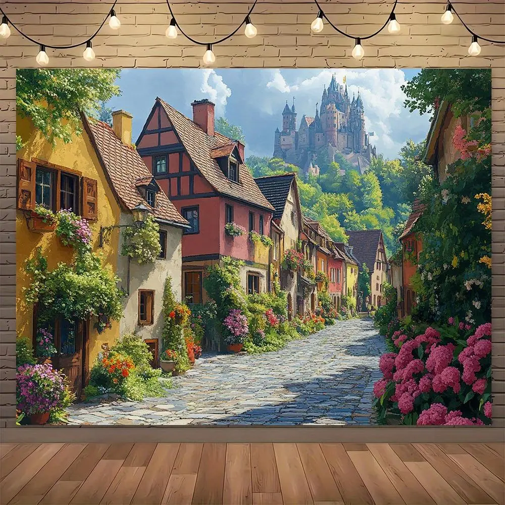 Vibrant Polyester Enchanting Village Scene Tapestry - 1pc Multi-Size Photo Backdrops with Colorful Flowers, Castle, Soft Texture for Photography, Outdoor Decor
