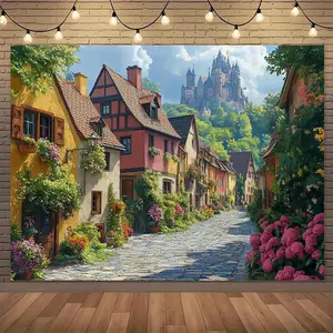 1pc Enchanting Village Scene Tapestry with Colorful Flowers and Castle – Vibrant Polyester Backdrop for Photography, Outdoor Decor, and Celebrations, Perfect for Birthdays, St. Patrick’s Day, East
