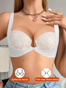 Women's Lace Underwire Push-Up Bra, Anti‑sagging, Front Closure Deep V Cover Side Breasts Adjustable Wide Straps, Comfortable Breathable,Daily Wear Plunge