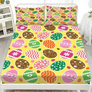 Fitted Sheet 3-Piece Set - 2D Flat Printing Spring-themed Yellow Pattern with Egg Design, Available in 10 Sizes (1 fitted sheet + 2 pillowcases, no insert). skin-friendly and breathable bedding, suitable for family bedrooms .