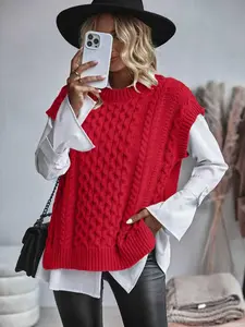 Women's Herringbone Knit Vest, Korean Style Loose Fit Sleeveless Sweater Backless, Fall Winter Layering Essential, Slimming Top