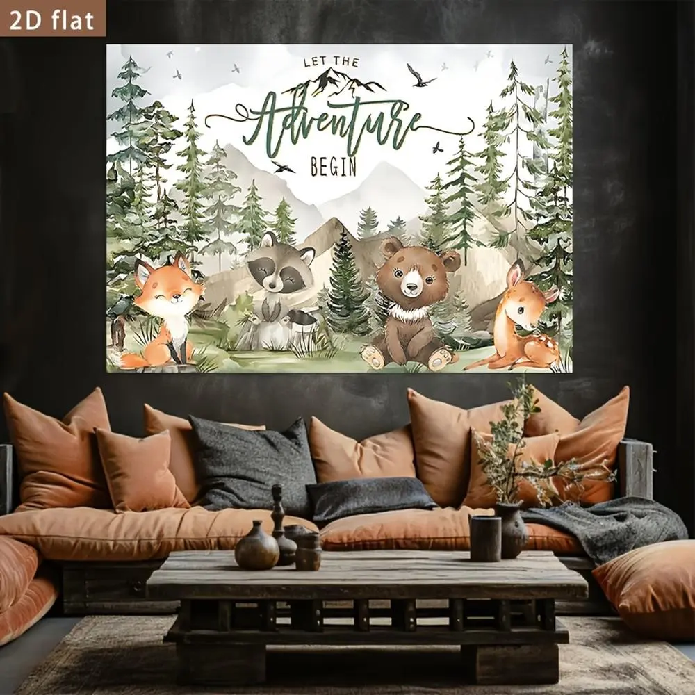 1pc Rustic Woodland Animal Motif 2D Flat Throw - Farmhouse Decorative Textile Wall Hanging Banner (Deer Included, No Elephant) for Weddings, Home Backdrops, Wedding