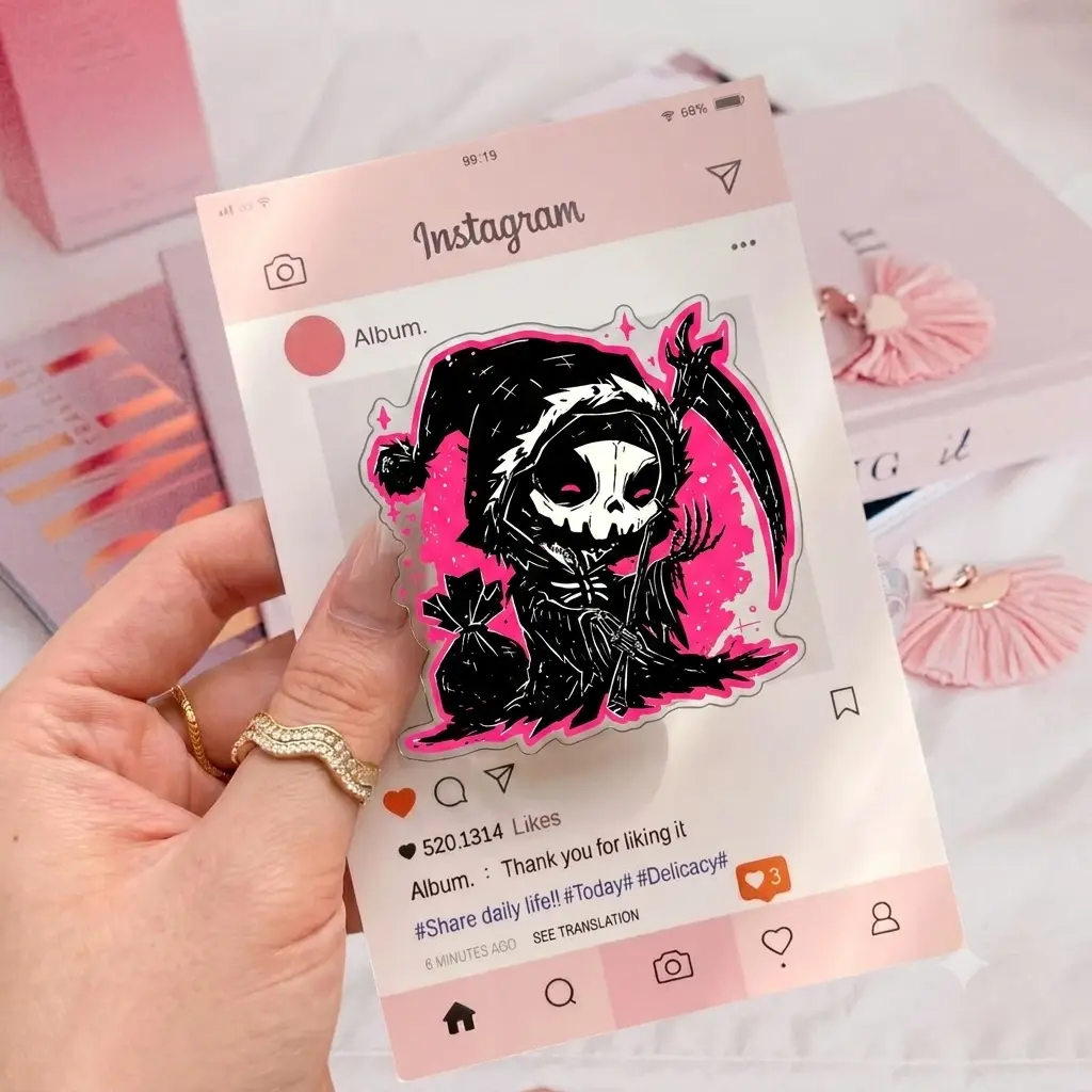 Cute Pink and Black Reaper Phone Grip Holder Aesthetic Chibi Death Collapsible Stand for Trendy Phone Decor