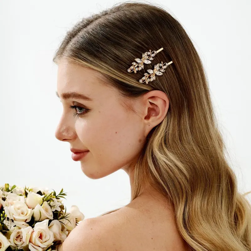 2pcs Minimalist Elegant Plain Rhinestones Decor Hair Clips, Hair Clip Set, Fashionable Bobby Clip For Women & Girls For Gift, Wedding Hair Decor, Rhinestone Hair Accessories, Decorative Hair Clips