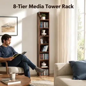 littleox 8-Tier Tall Narrow Media Storage Tower Rack, Slim CD DVD Media Cabinet with Adjustable Shelves, Multi-Functional Double-Decker Freestanding Bookcase, Vertical Display Bookshelf for Home Office Bedroom Small Space Organizer