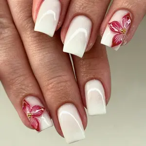 Elegant Square Nail Set, Pure Base with Delicate Flower Elements, Nail Art Design, Perfect for Daily Commute, Office, Dates, Enhance Hand Elegance