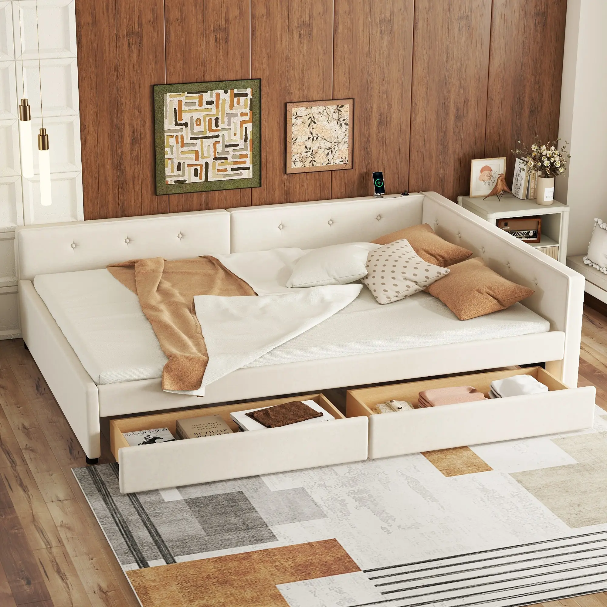Full Size Daybed with Storage Drawers, Upholstered Corner Bed Frame Full with USB Charging, L Shaped Bed Frame with Solid Slats Support, Floor Day Bed for Teens Adults, Beige