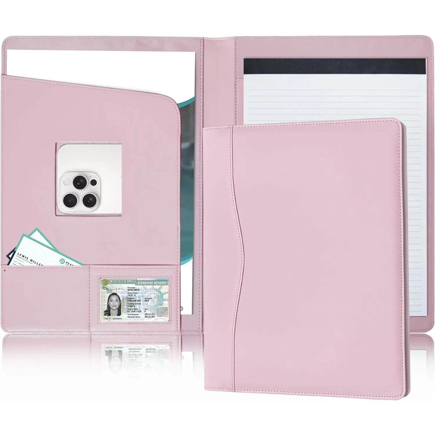 Padfolio Portfolio Organizer Legal Pad Holder Padfolio Folder PU Leather Portfolio Storage Clipboard Notepad with Cover for Letter Size A4 Writing Pad for Business and School Office (Pink)