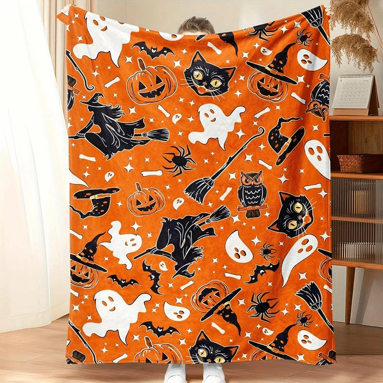 Digital Print Fleece Blanket for Halloween - Super Soft Plush Cozy Throw for All Seasons Featuring Witches, Black Cats, Bats, Ghosts, And Jack-O-Lanterns - Versatile for Bed, Couch, Camping - Great Gift for Boys, Girls, Teens