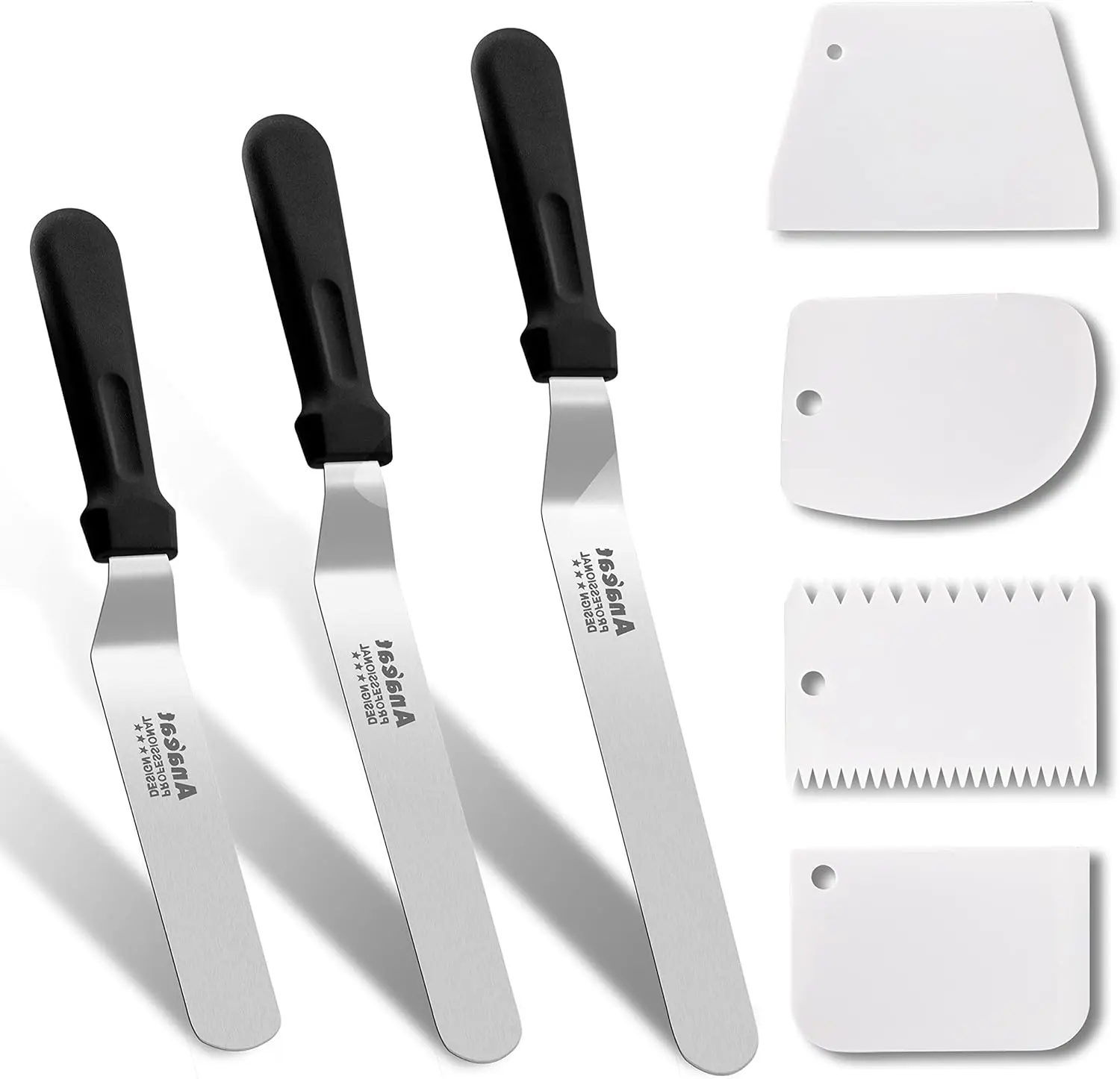 Icing Spatula, 3 count Professional Angled Offset Frosting Spatulas with 6", 8", 10" Stainless Steel  & 4 Pack Cake Smoother Scraper for Cake Decorating, Baking & Pastry (Set of 7)