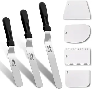 Icing Spatula, 3 count Professional Angled Offset Frosting Spatulas with 6", 8", 10" Stainless Steel  & 4 Pack Cake Smoother Scraper for Cake Decorating, Baking & Pastry (Set of 7)