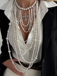 Vintage European Style Fashion Jewelry Necklace, Multi-Layered Rhinestone Cross Pendant Necklace, Rhinestone Decorated Necklace, Elegant Faux Pearl Beaded Tassel Necklace for Everyday, Party, Wedding, Layered Necklaces, Drop Necklaces