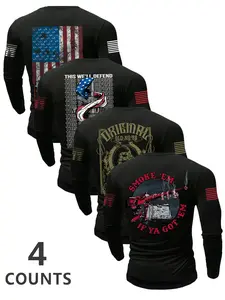 Men's Flag Series Round Neck Long Sleeve Graphic T-Shirt Set, Casual Outdoor Wear for Spring & Fall, Fitted H-Type Design, Moderate Knit Fabric, Menswear