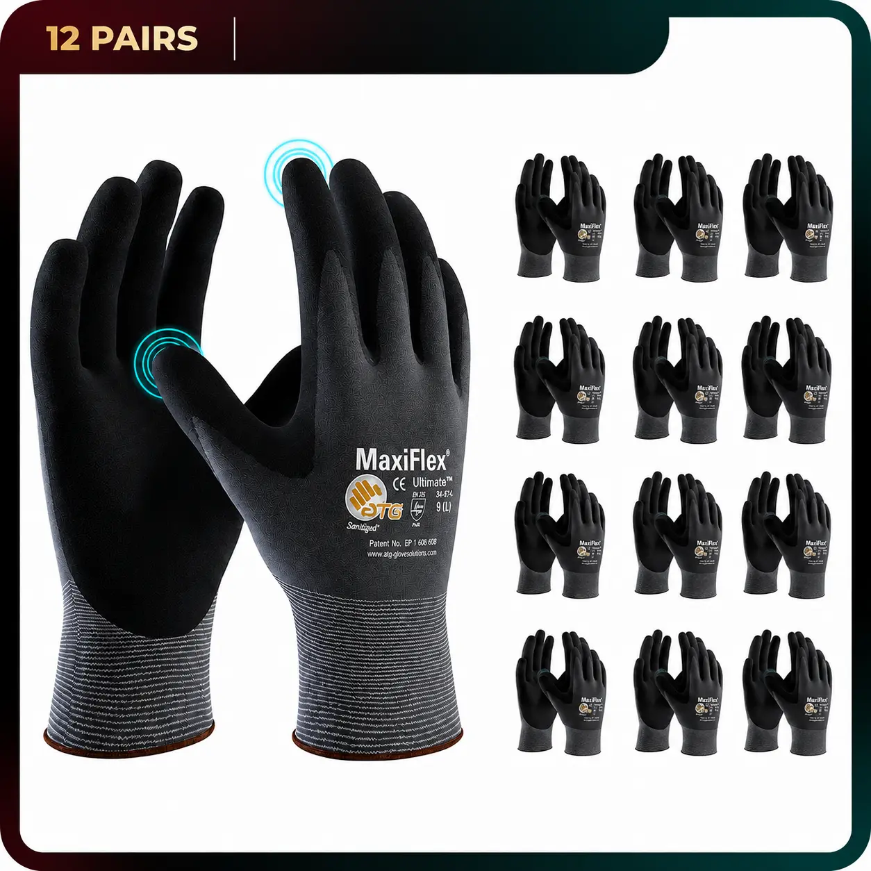 MaxiFlex Nitrile Foam Work Gloves 12 Pairs, Breathable Grip Safety Gloves for Construction, Warehouse, General Use M L XL