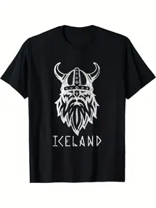7.5oz Men's Viking T-Shirt, Durable Norse Warrior Pattern, Iceland Logo, Ideal for Viking Events, Casual Wear, All Seasons