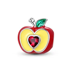 MULA Apple Pendant 925 Silver Plated with Enamel and Red Heart CZ - Cute fruit beads symbolize love and health, compatible with Pandora bracelets and necklaces, great gift for women girls