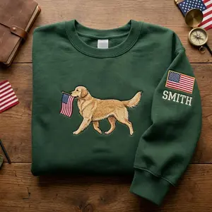 (Leave a note) Custom Name Golden Retriever Patriotic Sweatshirt, Dog Lover USA Shirt, American Flag Dog Crewneck, 4th of July Pet Shirt, Custom Name Gift