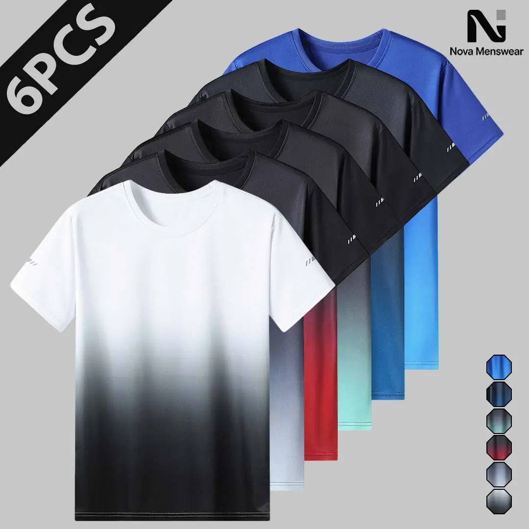 Men's Gradient Print Quick Dry Athletic T-Shirts, Crew Neck Breathable Short Sleeve Workout Tops, Lightweight Stretch Moisture Wicking Gym Tees, Slim Fit Summer Daily Running Casual Shirts for Men, Mens Multi-Pack Ombre Performance Sport T-Shirts Bulk