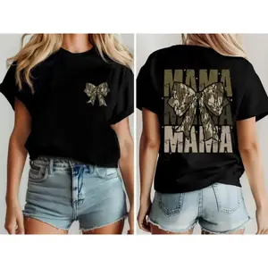 Mama Camo Coquette Bow Shirt, Old School Camo Shirt, Girls Camo Bow Tee, Retro Hunting, Coquette Bow, Camo Dude, Graphic T-shirt ,Gift For Women, Gif For Mom,summervibes
