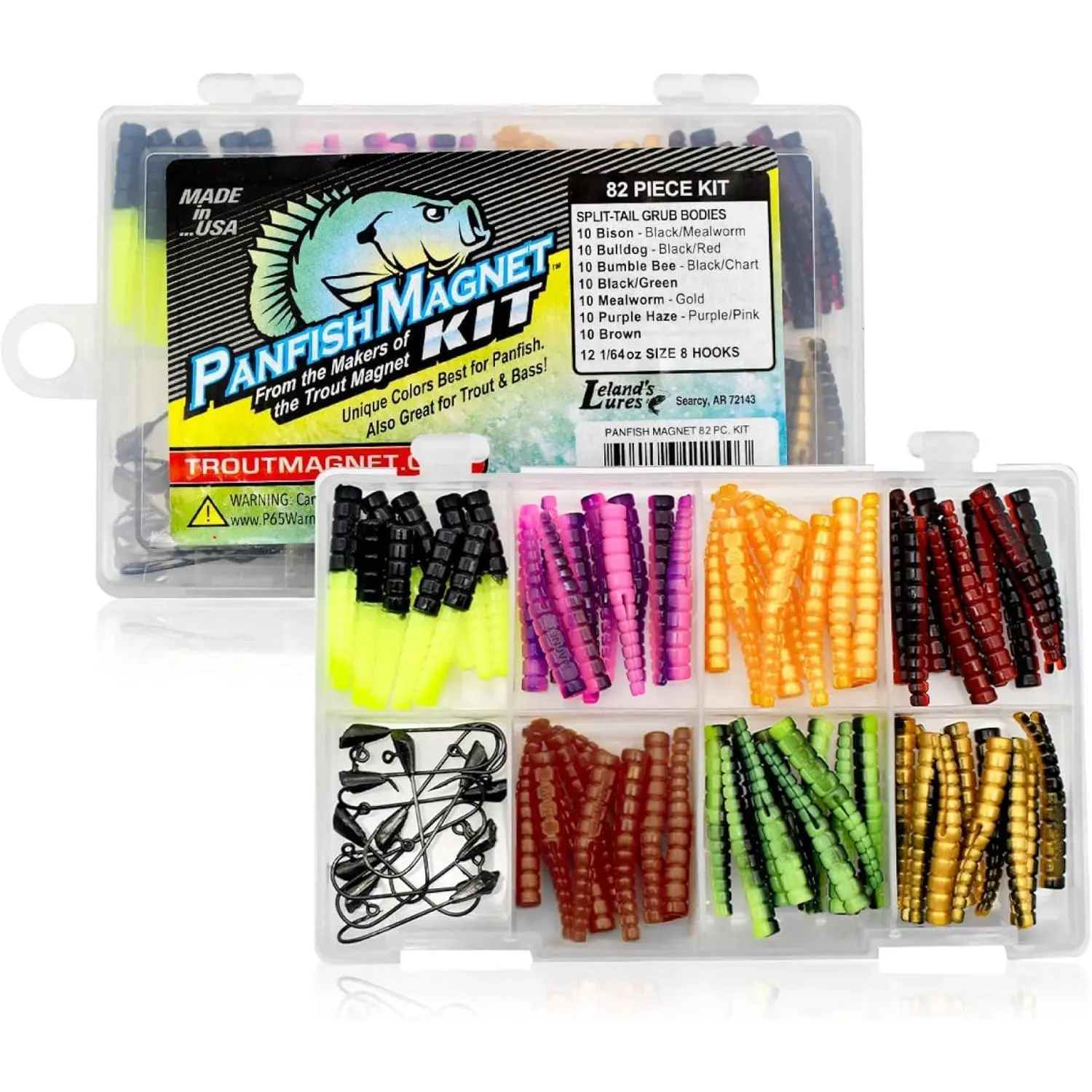 Pocket-Sized Single-Sided Fishing Magnet Kit, 82-Piece Set with Horizontally Falling Longer Shad Dart Hook, 70 Plastic Split Tail Grub Bodies, 12 Size 8 Black Mustad Hooks for Largemouth Bass, Creek Chub, 12 Size Hooks